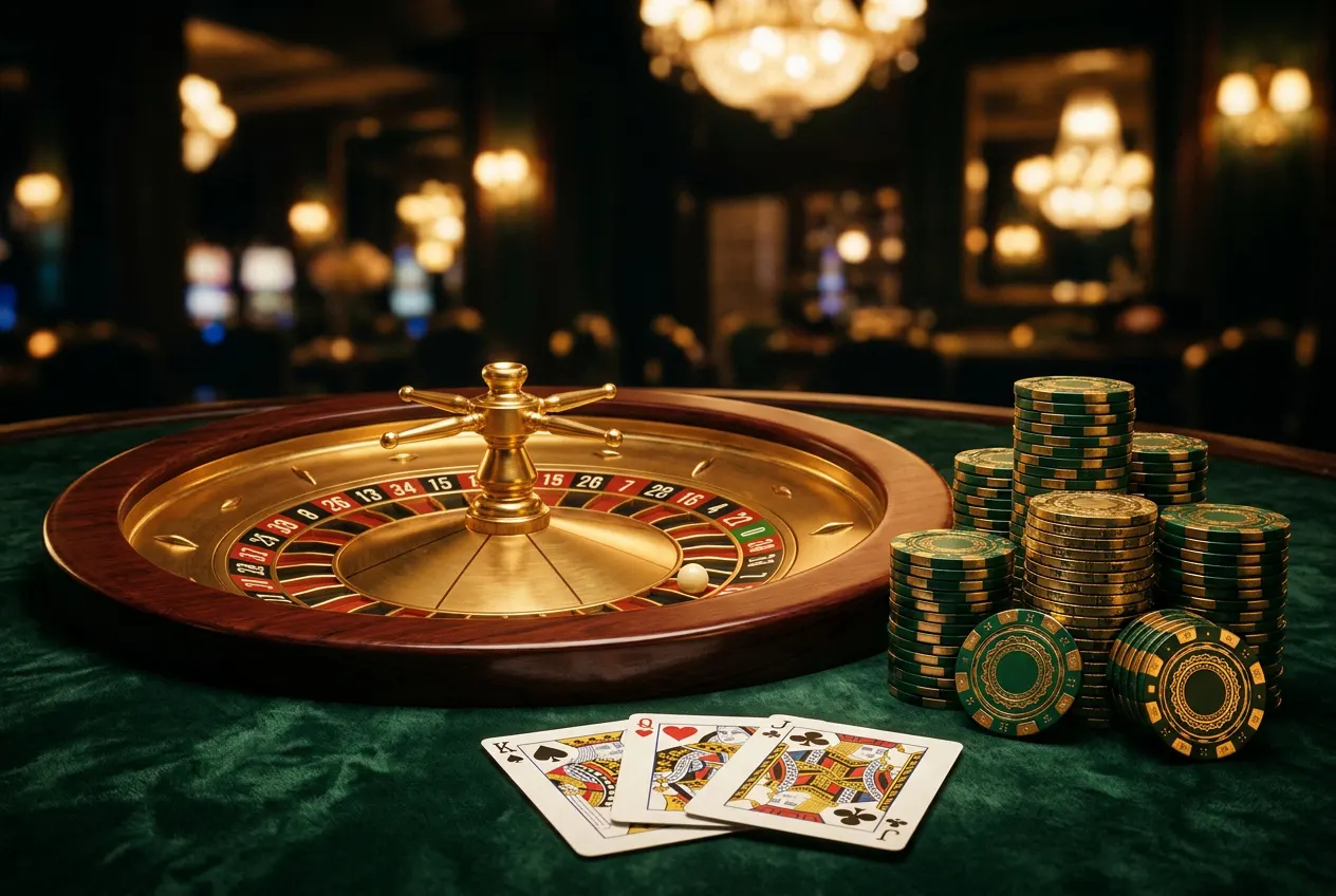 Casino chips, playing cards and a roulette wheel on green velvet